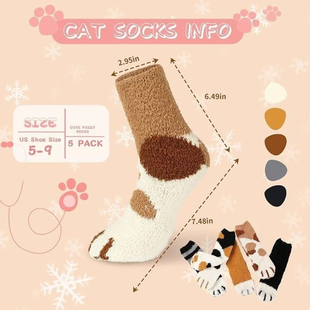 fauson 5 Pairs Fuzzy Socks for Women - Warm Cat Socks Fluffy Winter Plush Slippe